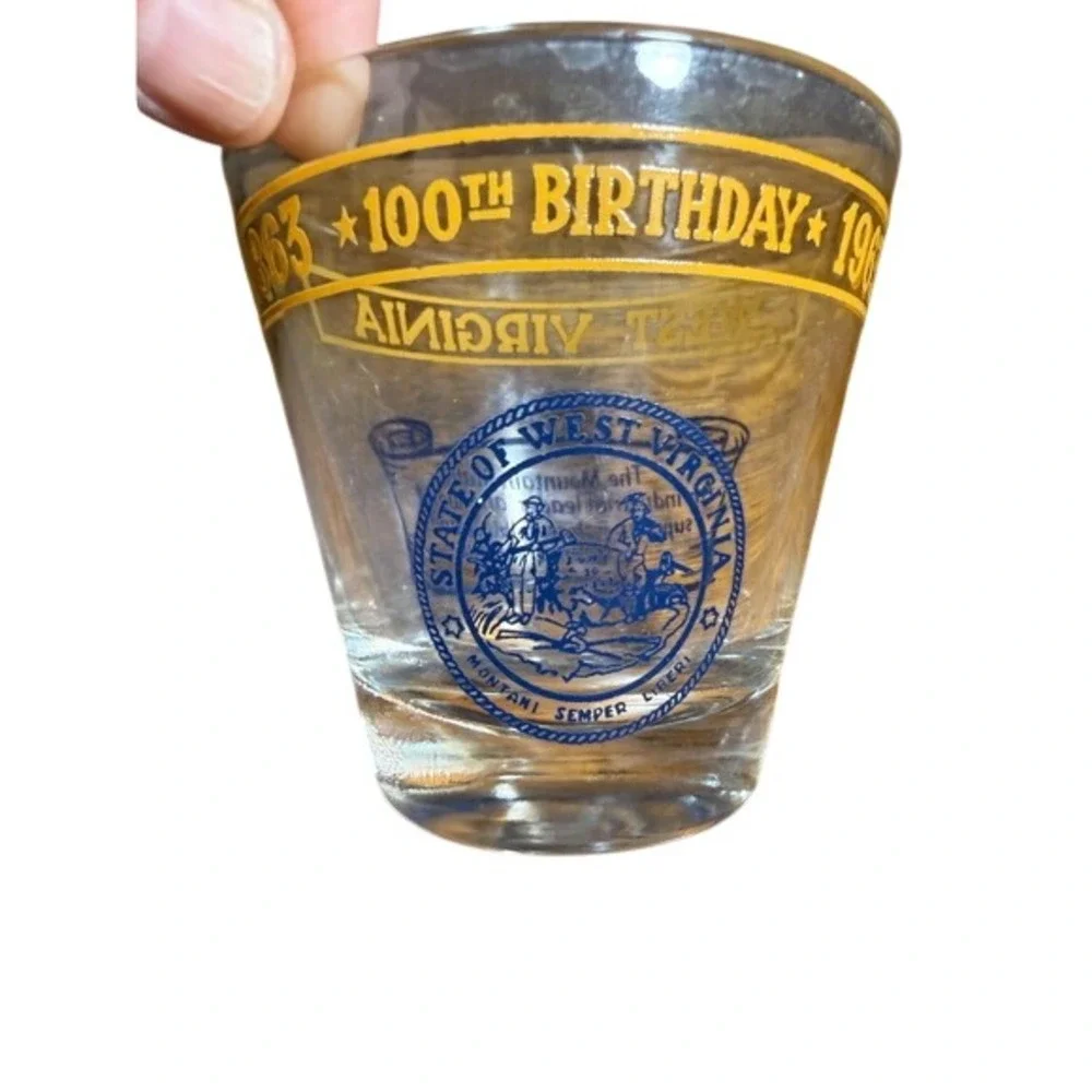 Vintage West‎ Virginia 100th Birthday Centennial Rocks Glass 1863-1963 Blue Gold